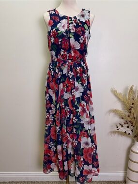 Alexa B Nites Navy Floral Sleeveless Maxi Dress with Tie Waist Petite 4P